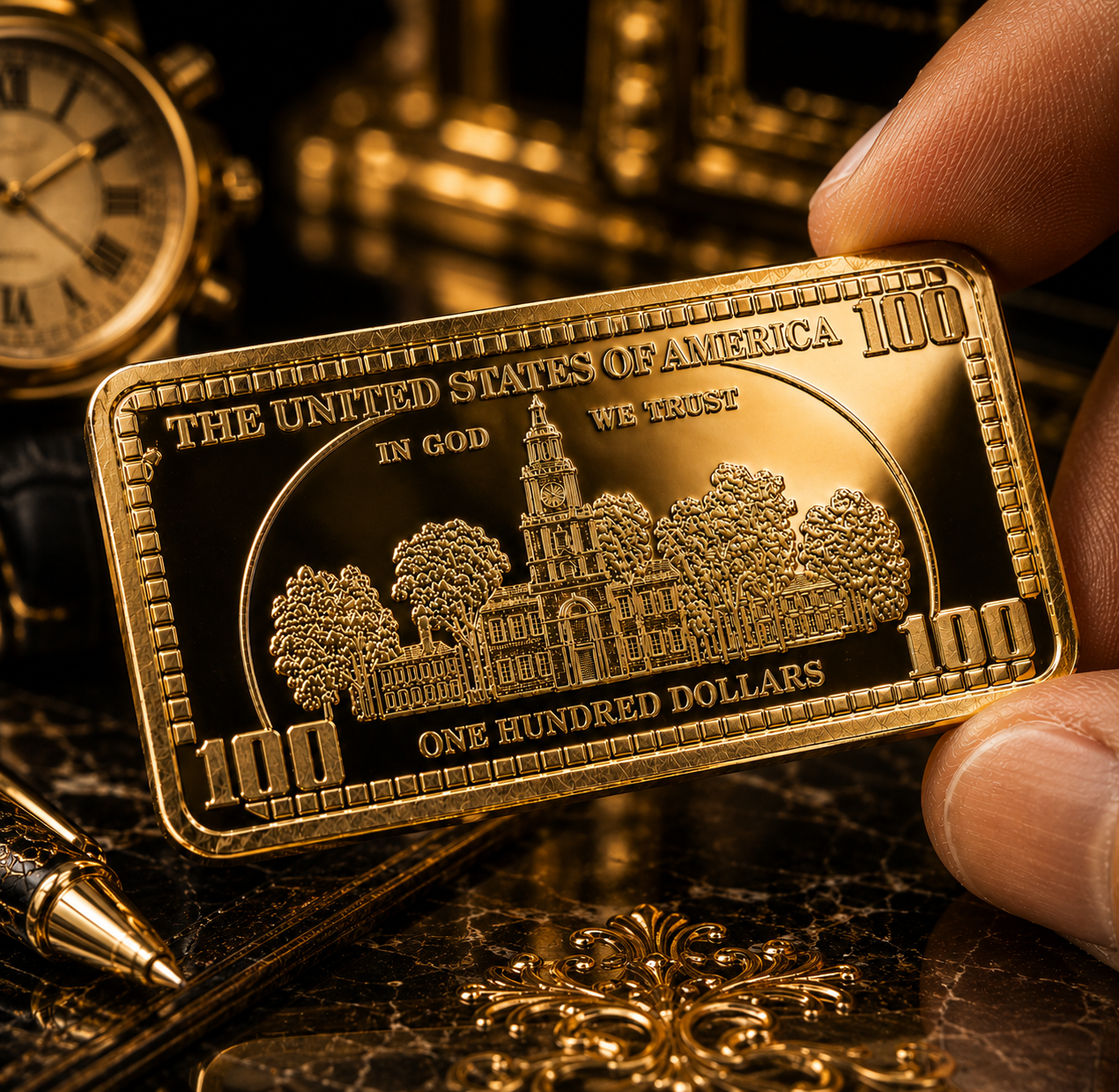 The $100 Gold Bar held between two fingers, gold Franklin design